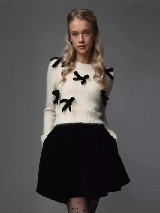 Fashion 3D Bow Round Neck Sweater For Women Elegant Long Sleeve Slim Warm Pullover 2024 New Autumn Female Commuting Streetwear