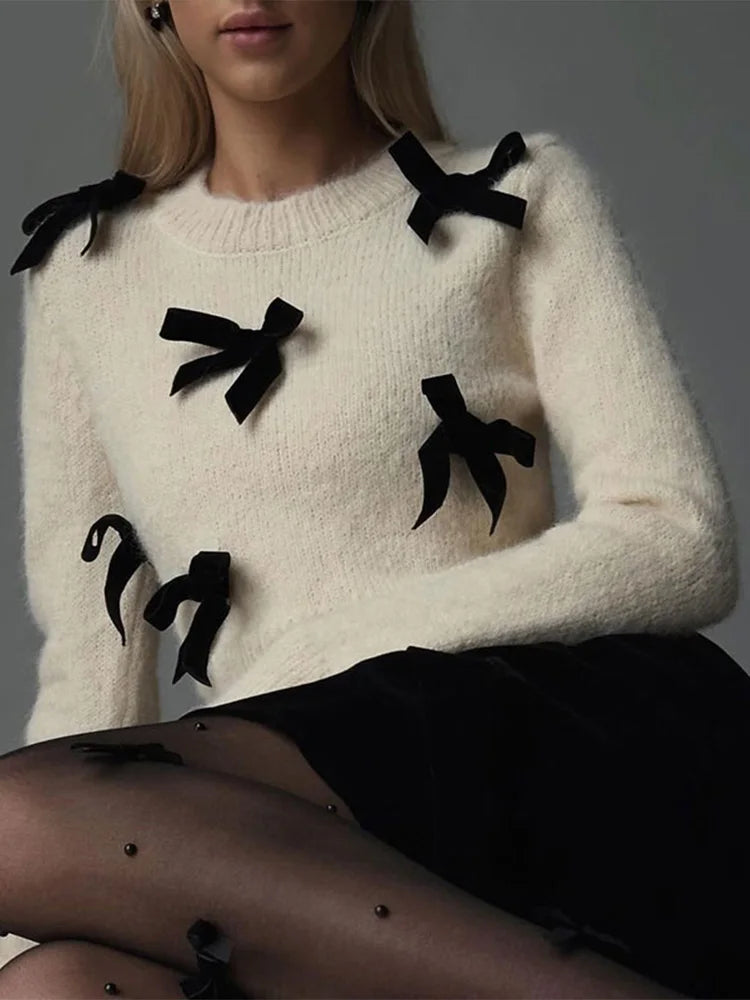 Fashion 3D Bow Round Neck Sweater For Women Elegant Long Sleeve Slim Warm Pullover 2024 New Autumn Female Commuting Streetwear
