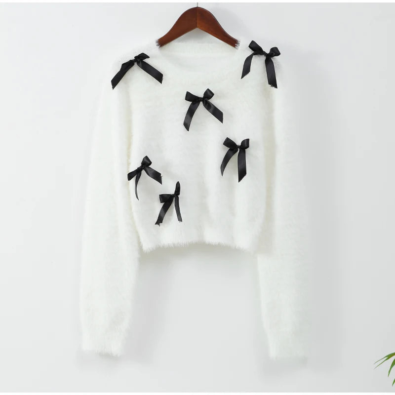 Fashion 3D Bow Round Neck Sweater For Women Elegant Long Sleeve Slim Warm Pullover 2024 New Autumn Female Commuting Streetwear