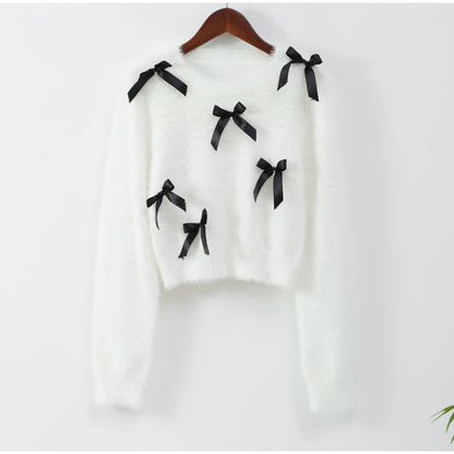 Fashion 3D Bow Round Neck Sweater For Women Elegant Long Sleeve Slim Warm Pullover 2024 New Autumn Female Commuting Streetwear