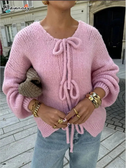 Fashion Casual Brown Lace Up Bow Knitted Cardigan O-Neck Long Sleeve Hollow Out Sweater 2024 Autumn Female High Street Knitwear