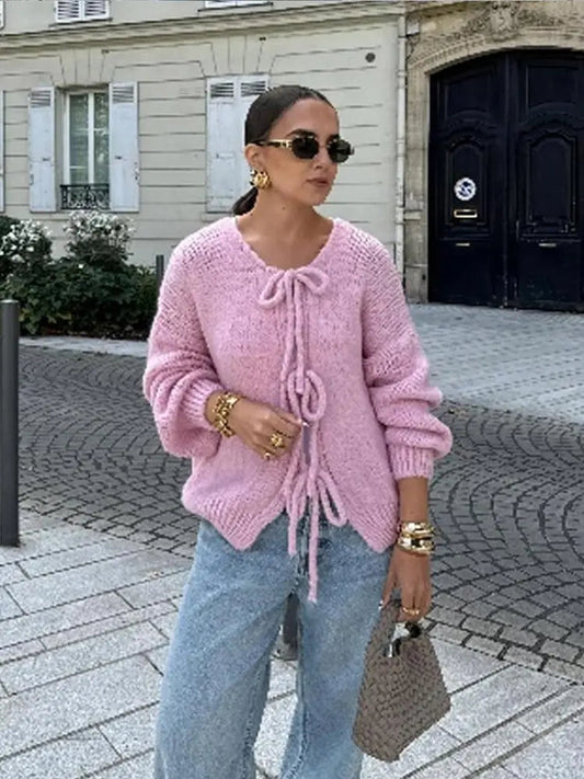 Fashion Casual Brown Lace Up Bow Knitted Cardigan O-Neck Long Sleeve Hollow Out Sweater 2024 Autumn Female High Street Knitwear