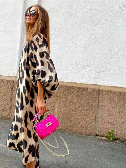 Fashion Leopard Casual Dress Women'S New V Neck Lantern Sleeve Elegant Office Holiday Summer Female Loose Dresses Robe Femme