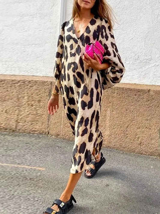 Fashion Leopard Casual Dress Women'S New V Neck Lantern Sleeve Elegant Office Holiday Summer Female Loose Dresses Robe Femme