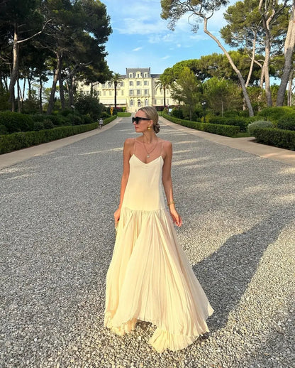 Fashion Solid Camisole Pleated Hem Women'S Dress Casual Sleeveless Backless A-Line Dresses 2024 Summer Lady Vacation Party Robe