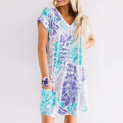 Fashion Womens Casual Loose Sexy V-Neck Tie-Dye Pocket Short Sleeve Dress