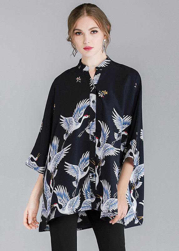 Fine Navy Stand Collar Asymmetrical Design Fall Three Quarter Sleeve Shirt Top