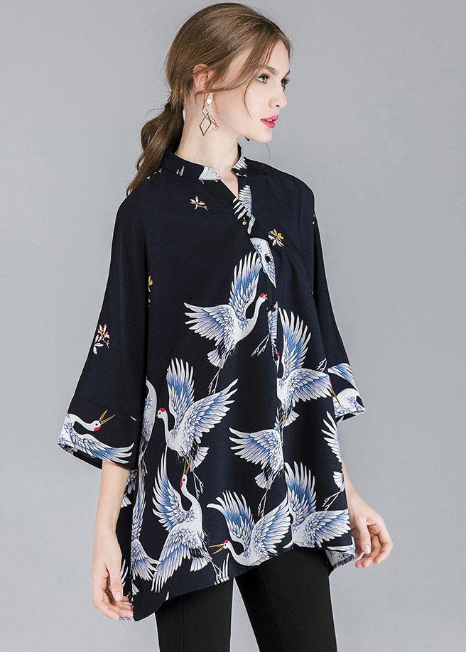 Fine Navy Stand Collar Asymmetrical Design Fall Three Quarter Sleeve Shirt Top