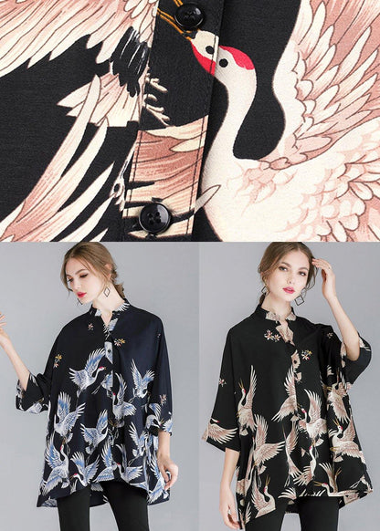 Fine Navy Stand Collar Asymmetrical Design Fall Three Quarter Sleeve Shirt Top