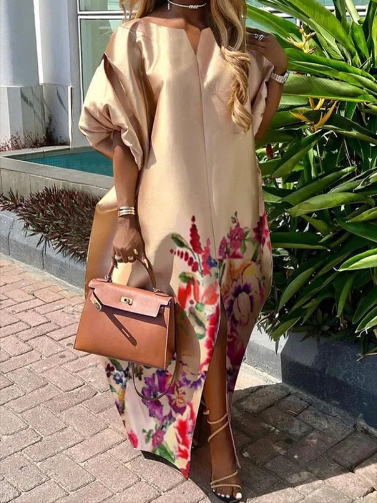 Freeacy Women'S Elegant Floral Printed Maxi Dress Boat Neck Puff Sleeves H-Line Splited Evening Dresses Floor Length Party Dress