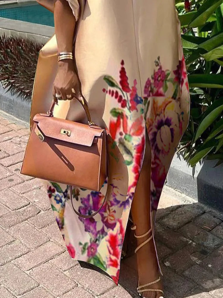 Freeacy Women'S Elegant Floral Printed Maxi Dress Boat Neck Puff Sleeves H-Line Splited Evening Dresses Floor Length Party Dress