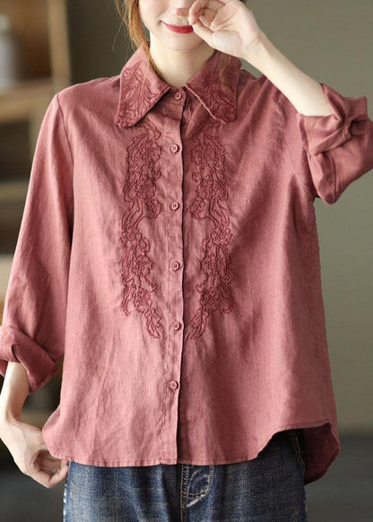 French Orange Retro Peter Pan Collar Button Fall Linen Shirt Tops Long Sleeve