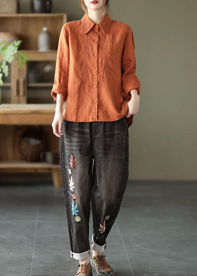 French Orange Retro Peter Pan Collar Button Fall Linen Shirt Tops Long Sleeve