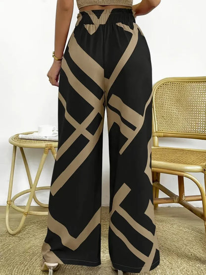 Geometric Pattern Print Wide Leg Pants Casual Loose Bow Front High Waist Pants For Every Day, Women'S Clothing