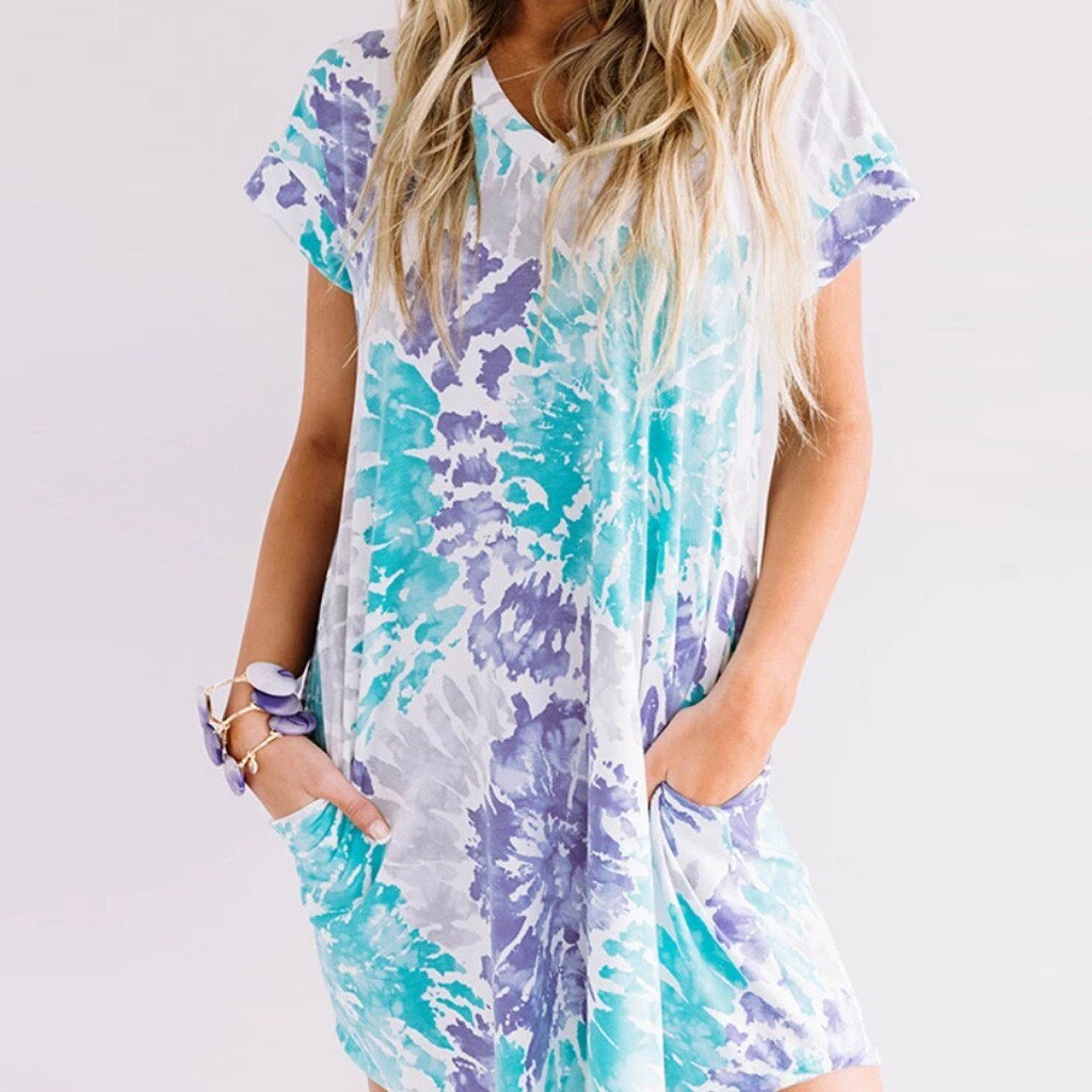 Fashion Womens Casual Loose Sexy V-Neck Tie-Dye Pocket Short Sleeve Dress