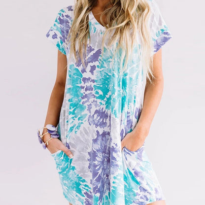 Fashion Womens Casual Loose Sexy V-Neck Tie-Dye Pocket Short Sleeve Dress