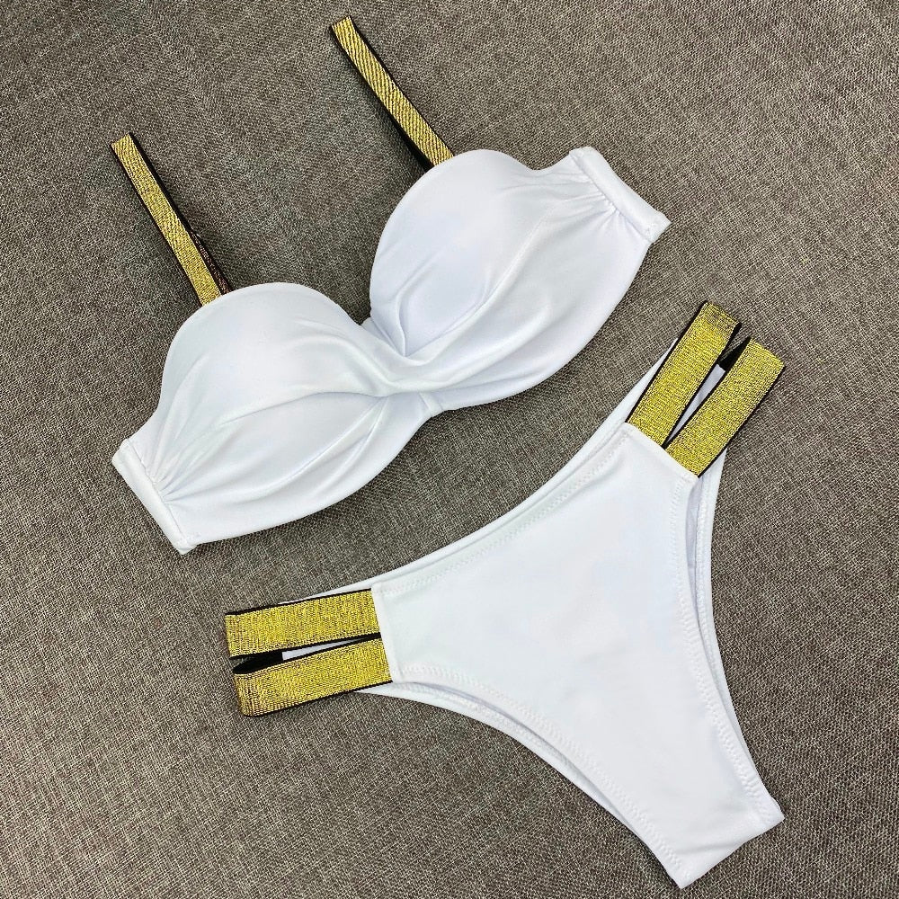 Printed Flowers Sexy Solid Color Bikini Women Swimwear Bandeau Biquini Swimsuit Female Bathing Suit Push Up Bikini Set Beachwear