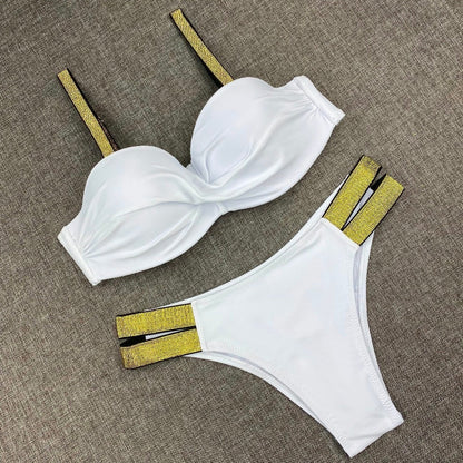 Printed Flowers Sexy Solid Color Bikini Women Swimwear Bandeau Biquini Swimsuit Female Bathing Suit Push Up Bikini Set Beachwear