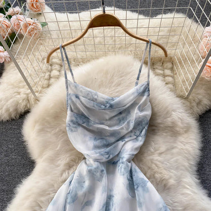Singreiny Women Floral Spaghetti Strap Dress Elastic Ruched Sexy Hollow Backless Party Dress Summer Boho Vacation Beach Sundress