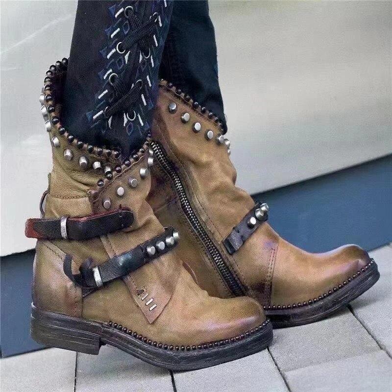 Autumn Winter Woman Mid-Calf Pu Leather Round Toe Shoes Low Heel Rivet Cool Motorcycle Boots
