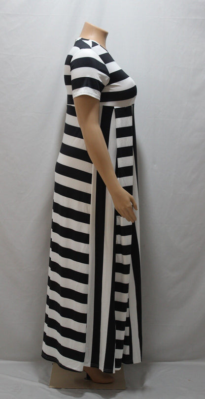 Hot Selling Women'S Dress Loose-Fit Crew Neck Horizontal And Vertical Stripes Large Size Dress