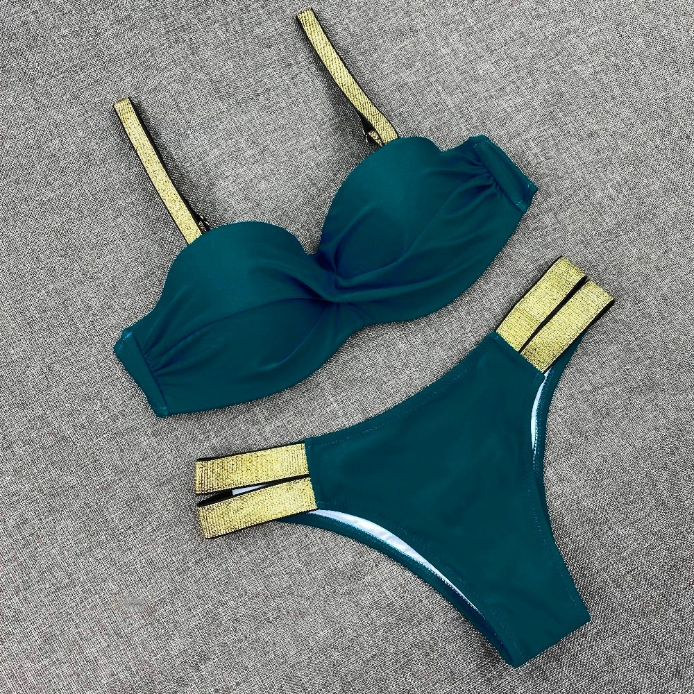Printed Flowers Sexy Solid Color Bikini Women Swimwear Bandeau Biquini Swimsuit Female Bathing Suit Push Up Bikini Set Beachwear