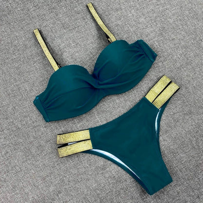 Printed Flowers Sexy Solid Color Bikini Women Swimwear Bandeau Biquini Swimsuit Female Bathing Suit Push Up Bikini Set Beachwear