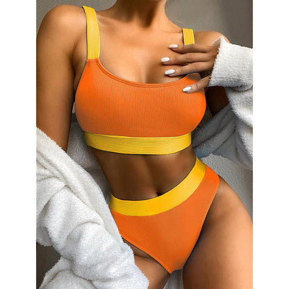 High Waist Bikinis 2021 Swimsuits Bandeau Swimwear Women Splicing Bikini Beachwear Sports Ribbed Bathing Suits New Bikini