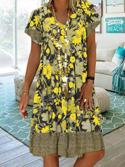 2020 Summer Women Dress V-Neck Printed Short-Sleeved Mid-Length Floral Dress