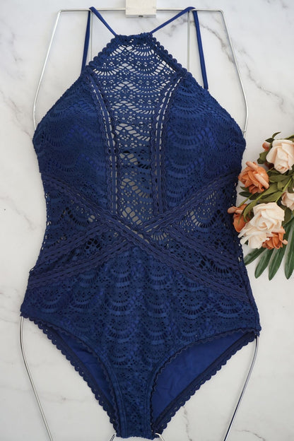 Black Mesh Lace Crochet One Piece Swimsuit Retro Women Bodysuit Female Monokini Vintage Swimwear Sexy Beach Wear Big Xxl Bikini