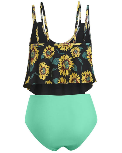 Summer High Waist Sunflower Print Split Swimsuit