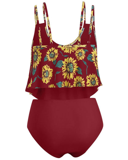Summer High Waist Sunflower Print Split Swimsuit