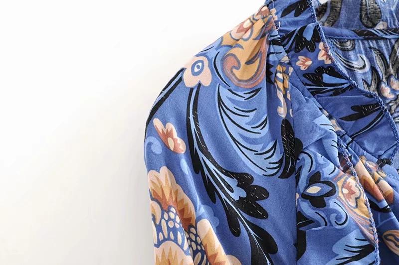Print Frill Dress Women Tiers V-Neck Long Sleeve Dress Autumn  New Boho Dress