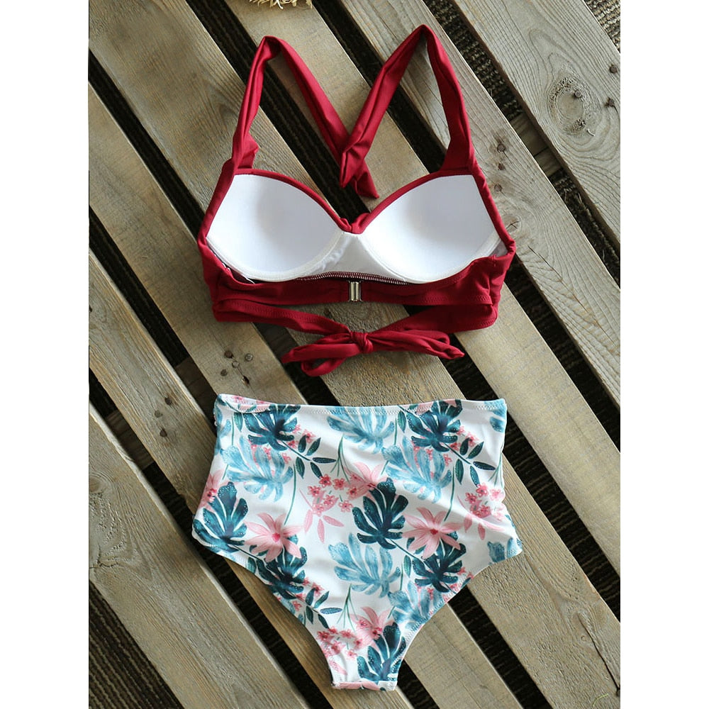 Sexy High Waist Bikini Floral Halter Plus Size Swimwear Women Swimsuit Female Bikini Set Bodysuit Bathing Suit Summer Biquini Xxl
