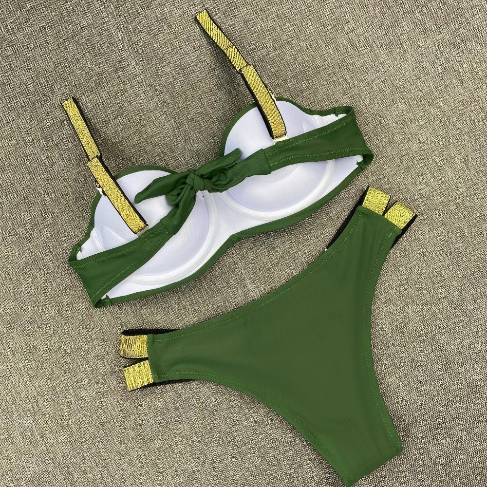 Printed Flowers Sexy Solid Color Bikini Women Swimwear Bandeau Biquini Swimsuit Female Bathing Suit Push Up Bikini Set Beachwear