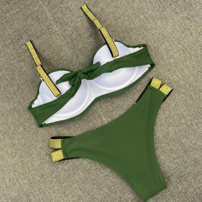 Printed Flowers Sexy Solid Color Bikini Women Swimwear Bandeau Biquini Swimsuit Female Bathing Suit Push Up Bikini Set Beachwear