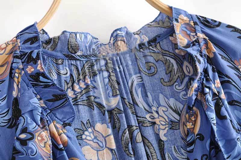 Print Frill Dress Women Tiers V-Neck Long Sleeve Dress Autumn  New Boho Dress