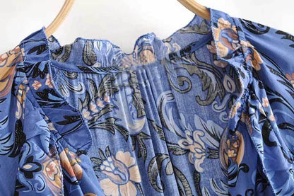 Print Frill Dress Women Tiers V-Neck Long Sleeve Dress Autumn  New Boho Dress