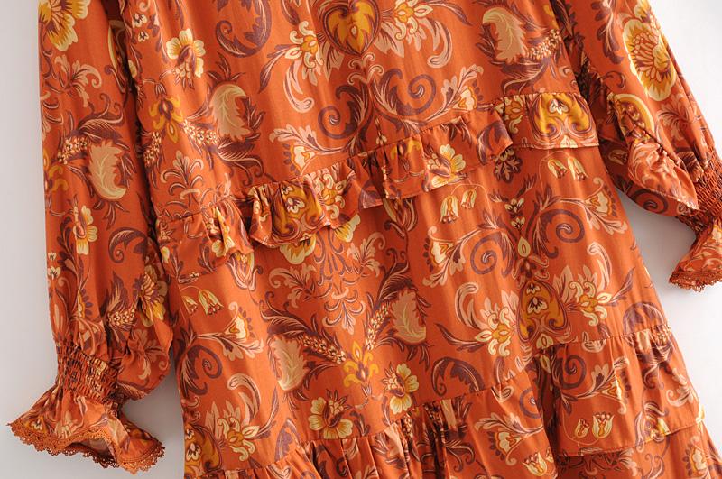 Print Frill Dress Women Tiers V-Neck Long Sleeve Dress Autumn  New Boho Dress