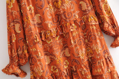 Print Frill Dress Women Tiers V-Neck Long Sleeve Dress Autumn  New Boho Dress