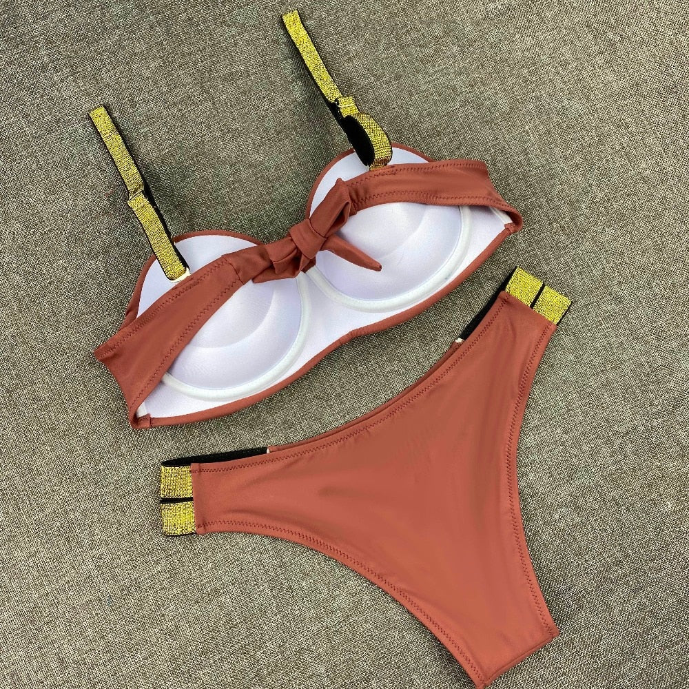 Printed Flowers Sexy Solid Color Bikini Women Swimwear Bandeau Biquini Swimsuit Female Bathing Suit Push Up Bikini Set Beachwear