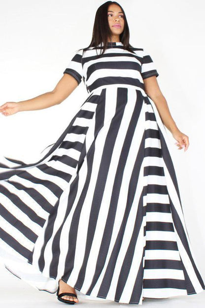 Hot Selling Women'S Dress Loose-Fit Crew Neck Horizontal And Vertical Stripes Large Size Dress