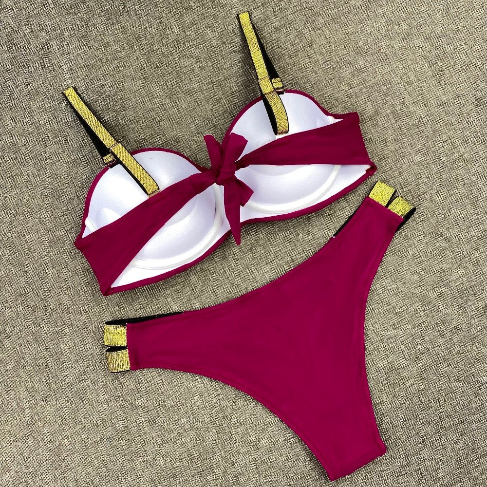 Printed Flowers Sexy Solid Color Bikini Women Swimwear Bandeau Biquini Swimsuit Female Bathing Suit Push Up Bikini Set Beachwear