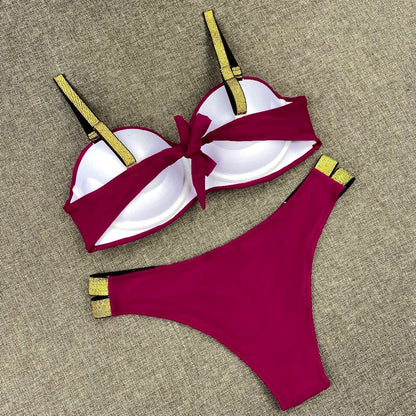 Printed Flowers Sexy Solid Color Bikini Women Swimwear Bandeau Biquini Swimsuit Female Bathing Suit Push Up Bikini Set Beachwear