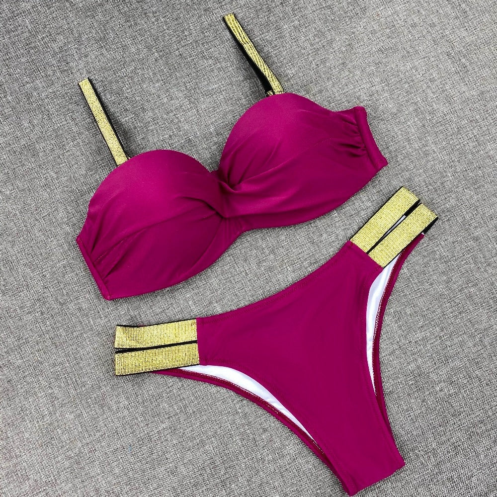 Printed Flowers Sexy Solid Color Bikini Women Swimwear Bandeau Biquini Swimsuit Female Bathing Suit Push Up Bikini Set Beachwear