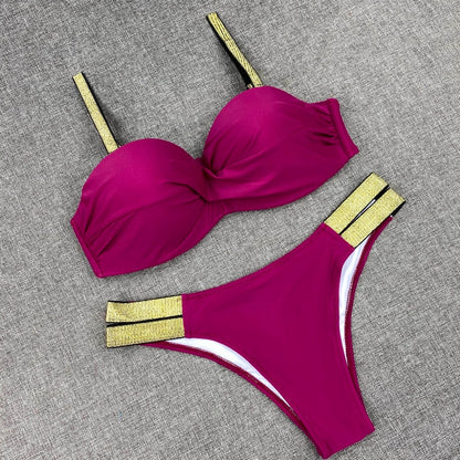 Printed Flowers Sexy Solid Color Bikini Women Swimwear Bandeau Biquini Swimsuit Female Bathing Suit Push Up Bikini Set Beachwear