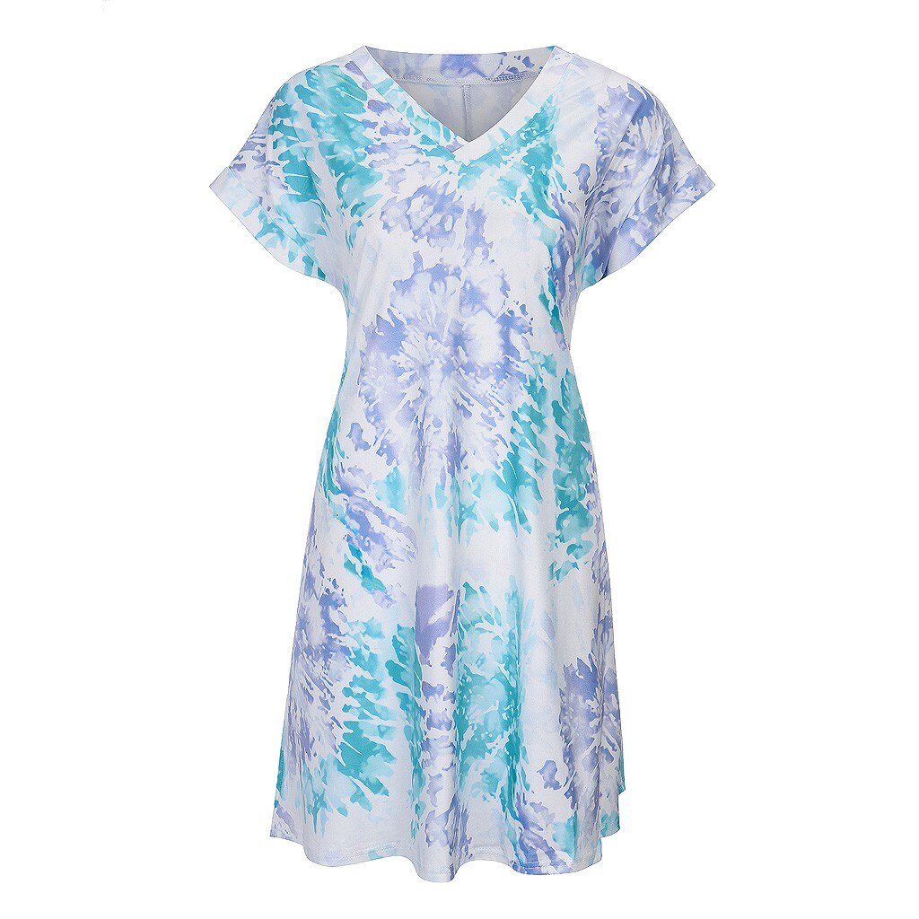 Fashion Womens Casual Loose Sexy V-Neck Tie-Dye Pocket Short Sleeve Dress