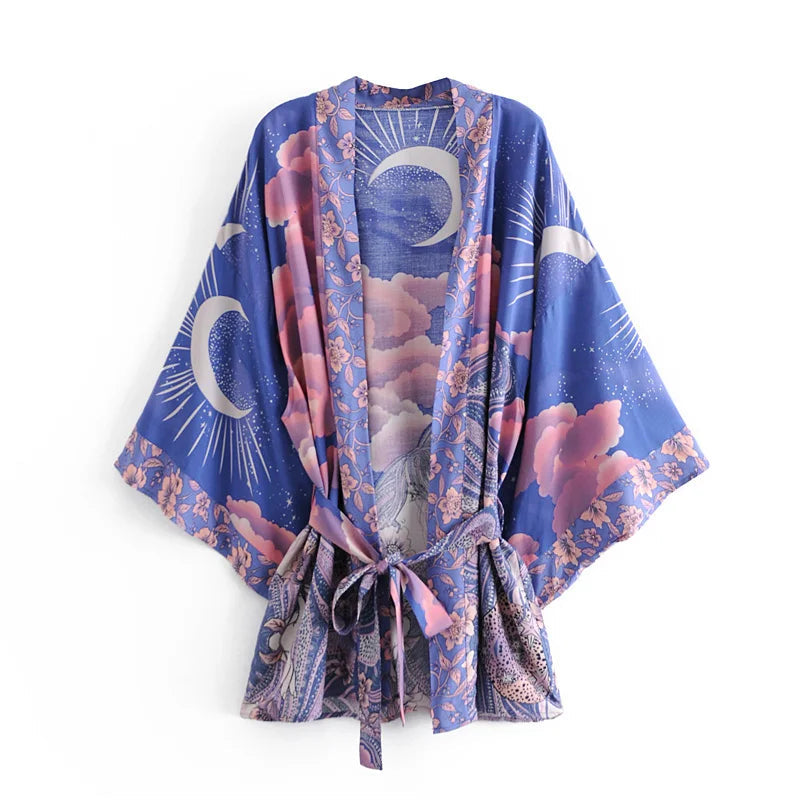 Boho Queens Vintage Star And Moon Floral Print Sashes Women Bohemian V Neck Batwing Sleeves  Happie Short Robe Kimono