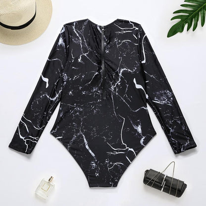 Print Floral One Piece Swimsuit Long Sleeve Swimwear Bathing Suit Retro Swimsuit Vintage One-Piece Surfing Swimsuits