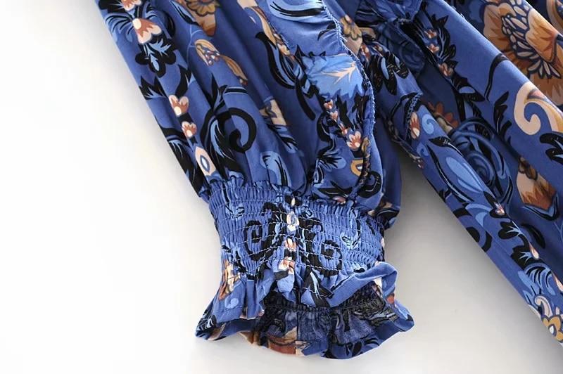 Print Frill Dress Women Tiers V-Neck Long Sleeve Dress Autumn  New Boho Dress